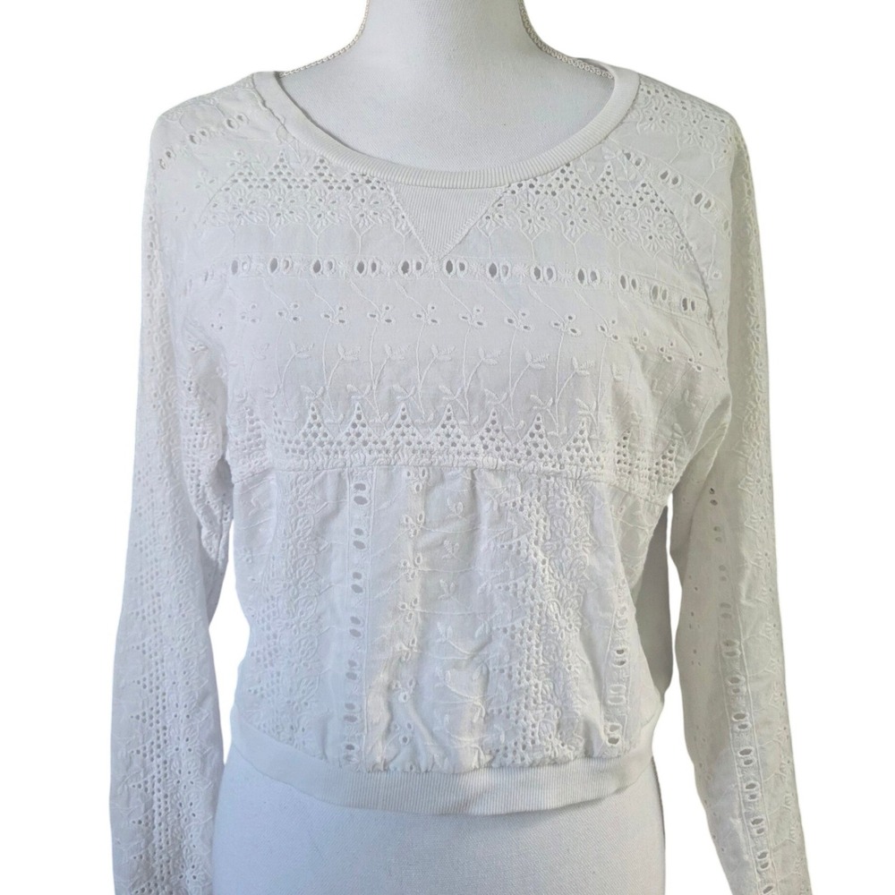 Pimkie White Eyelet Lace Long Sleeve Top‎ Cozy Soft Coquette Feminine Crewneck - Picture 8 of 9